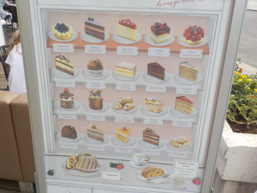 This picture shows a menu of the various "Mehlspiesen" (pastries or desserts) available in a Viennese coffee house.