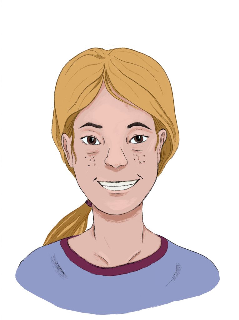 This drawing shows a young feminine person with blond hair in a ponytaiil, light skin, brown eyes, and freckles. She is wearing a lavender and maroon ringer t-shirt.