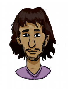 This is a drawing of the character Adan, a masculine person with olive skin, long dark brown hair, dark brown eyes, and short facial hair on his upped lip and chin. He is wearing a lavender shirt.