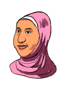 This is a drawing of the character Fatma, a feminine person with dark brown eyes and a half smile. She is wearing a pink head scarf that also covers her neck.