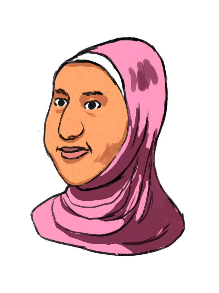 This is a drawing of the character Fatma, a feminine person with dark brown eyes and a half smile. She is wearing a pink head scarf that also covers her neck.