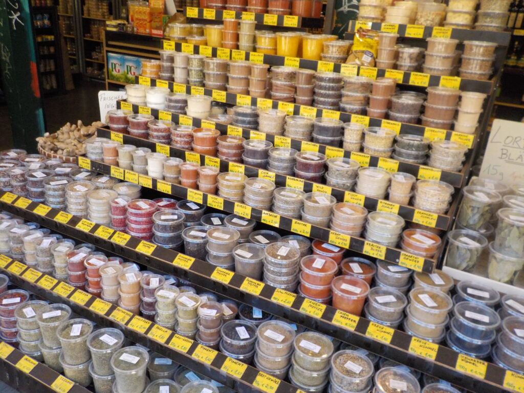 This picture shows a display of pre-packaged herbs and spices at the Vienna Naschmarkt.