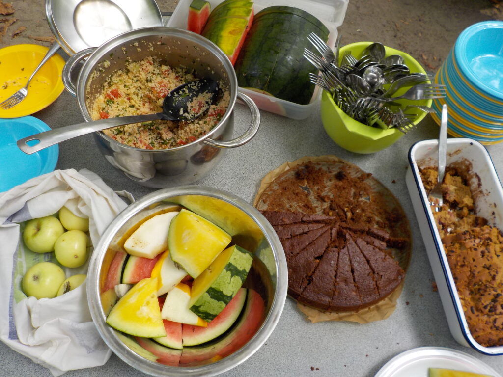 The picture shows various picnic foods laid out on a table: watermelon, cake, salads.