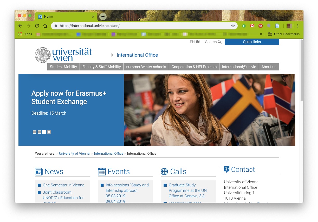 Screenshot of the homepage for the University of Vienna International Office